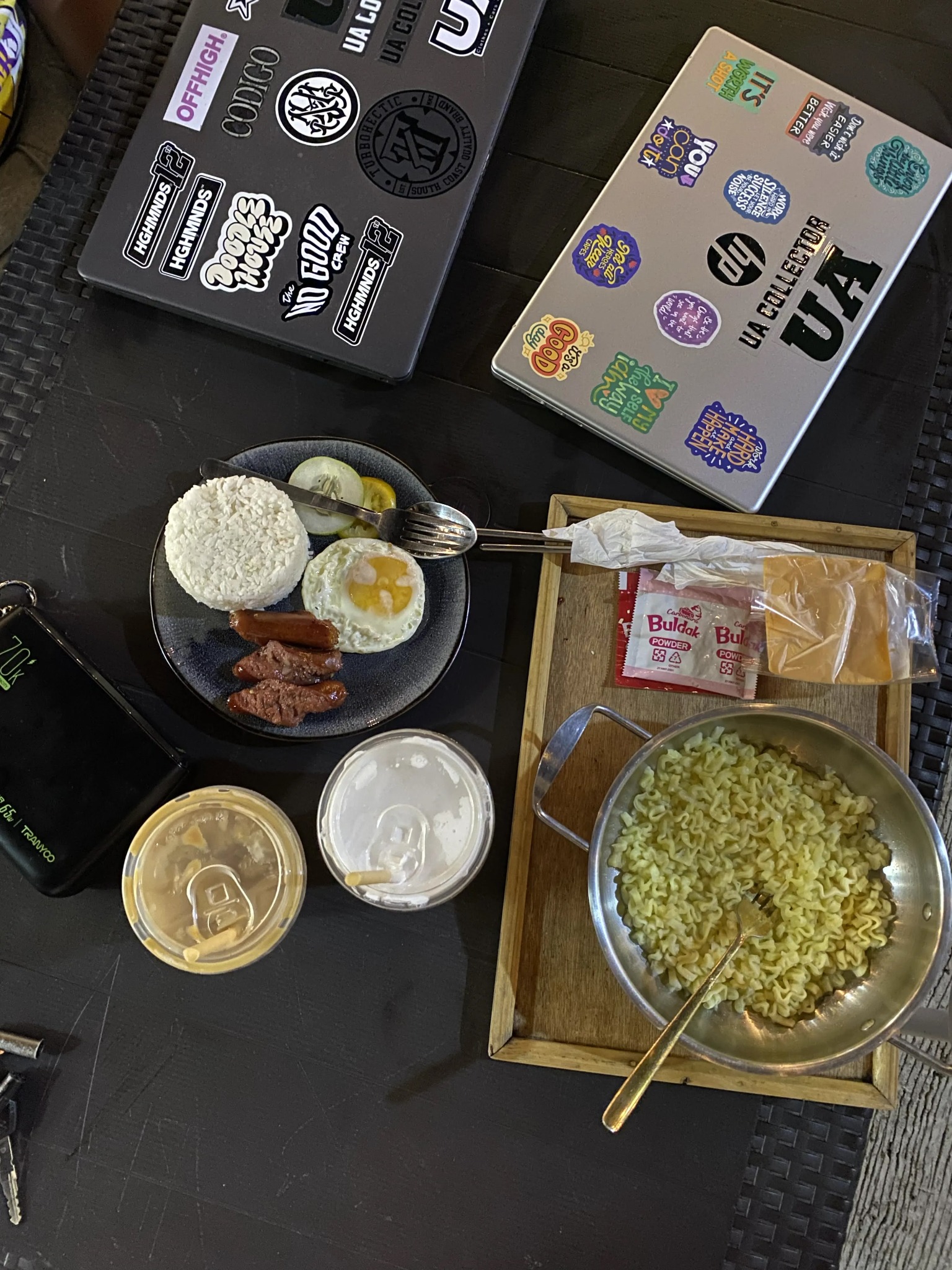 meal with laptops and drinks